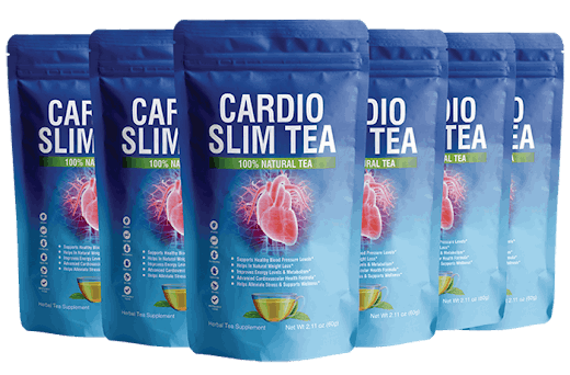 Six blue pouches of Cardio Slim Tea displayed in a row, featuring heart imagery and 100% natural tea labeling on each pack